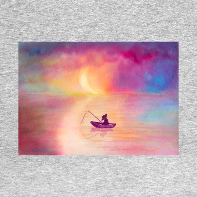 Sleeping fisherman under the moon - watercolor painting by ArtDreamStudio